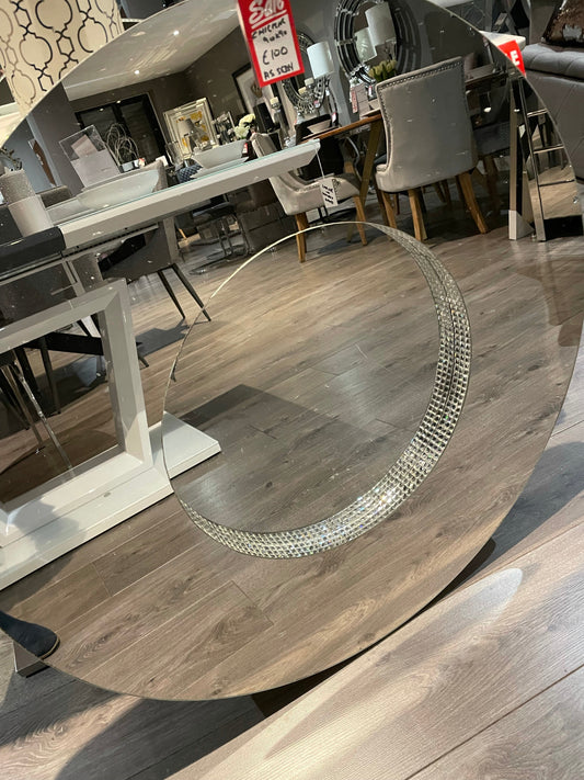 Stunning large round frameless mirror with diamonte profile.  Outlet store