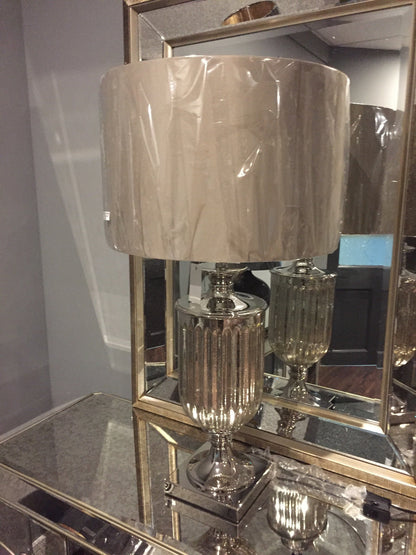 Silvered  urn glass cylinder lamp with taupe shade AVAILABLE