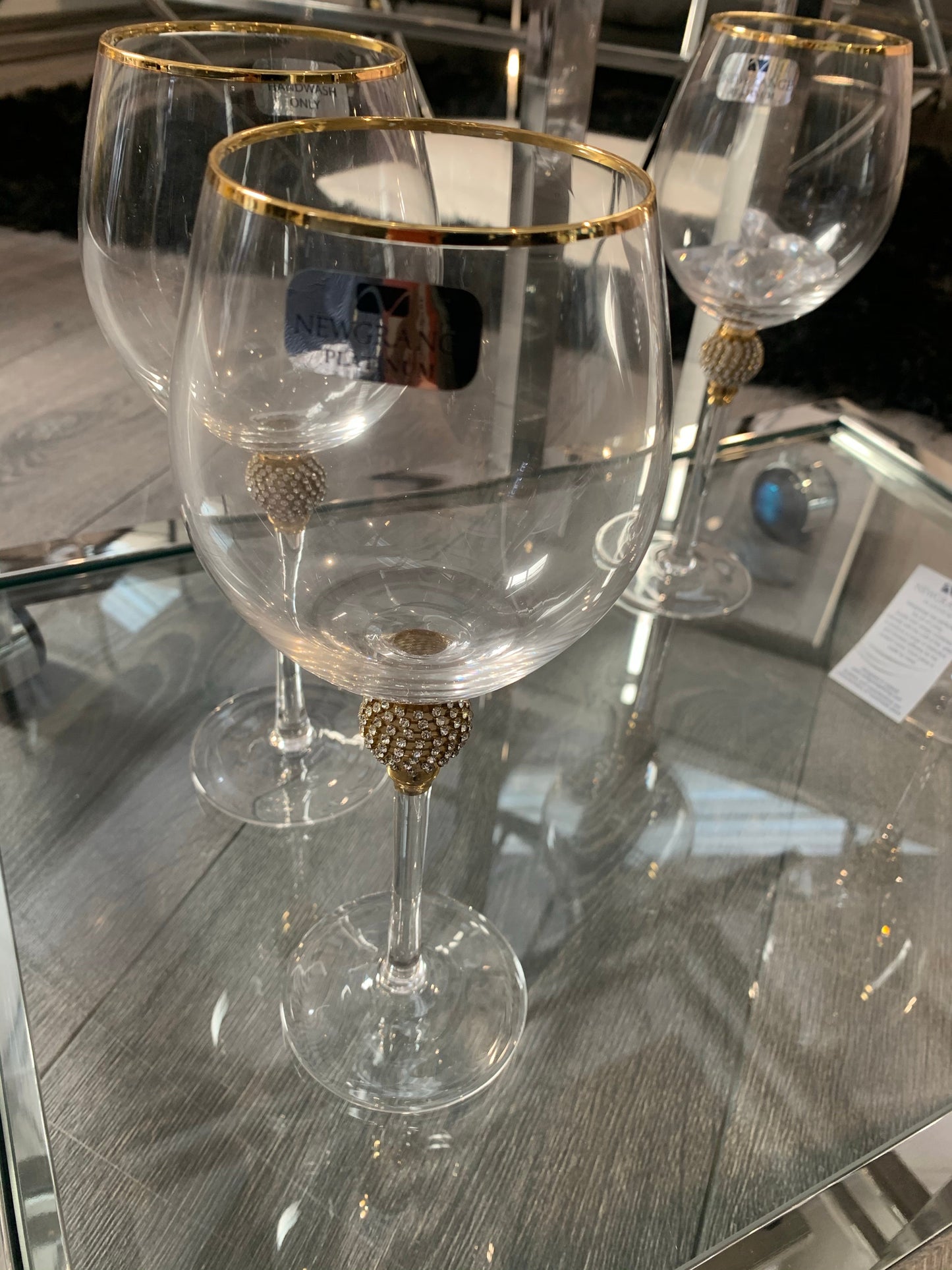 Set of 2 Platinum Goblet Diamanté Gold Wine Glasses