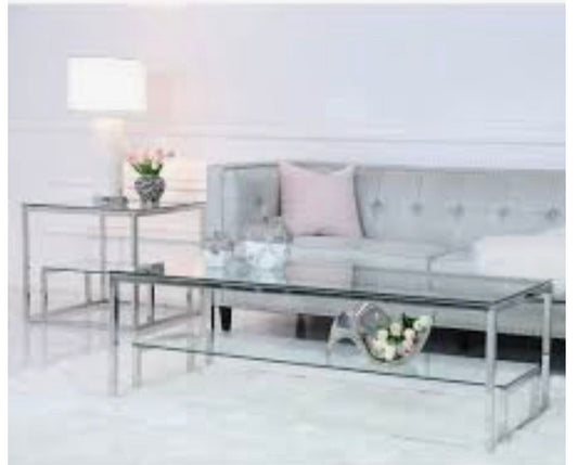 Harry  glass coffee  table with tiered shelf silver or gold.