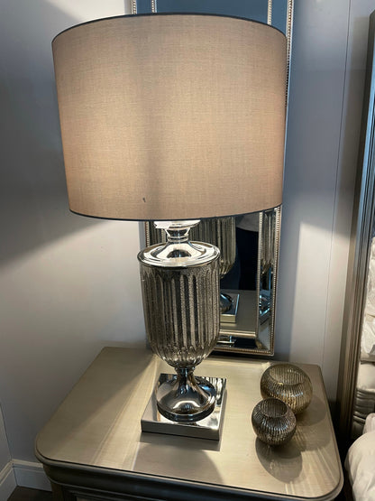 Silvered  urn glass cylinder lamp with taupe shade AVAILABLE