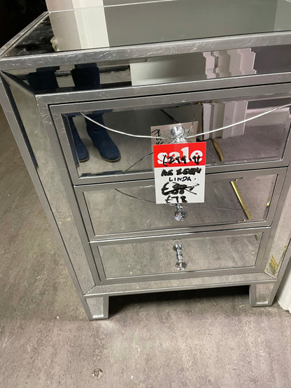 Linda damaged bedside cabinet w 3 drawers Instore purchase only