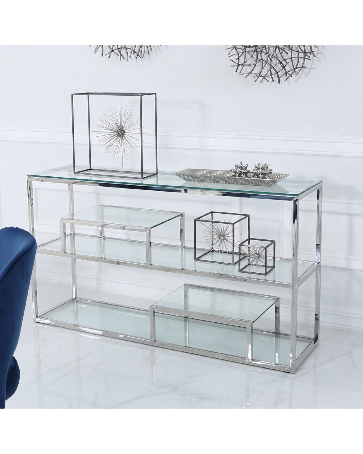 Harry chrome and glass console table with tiered shelf.