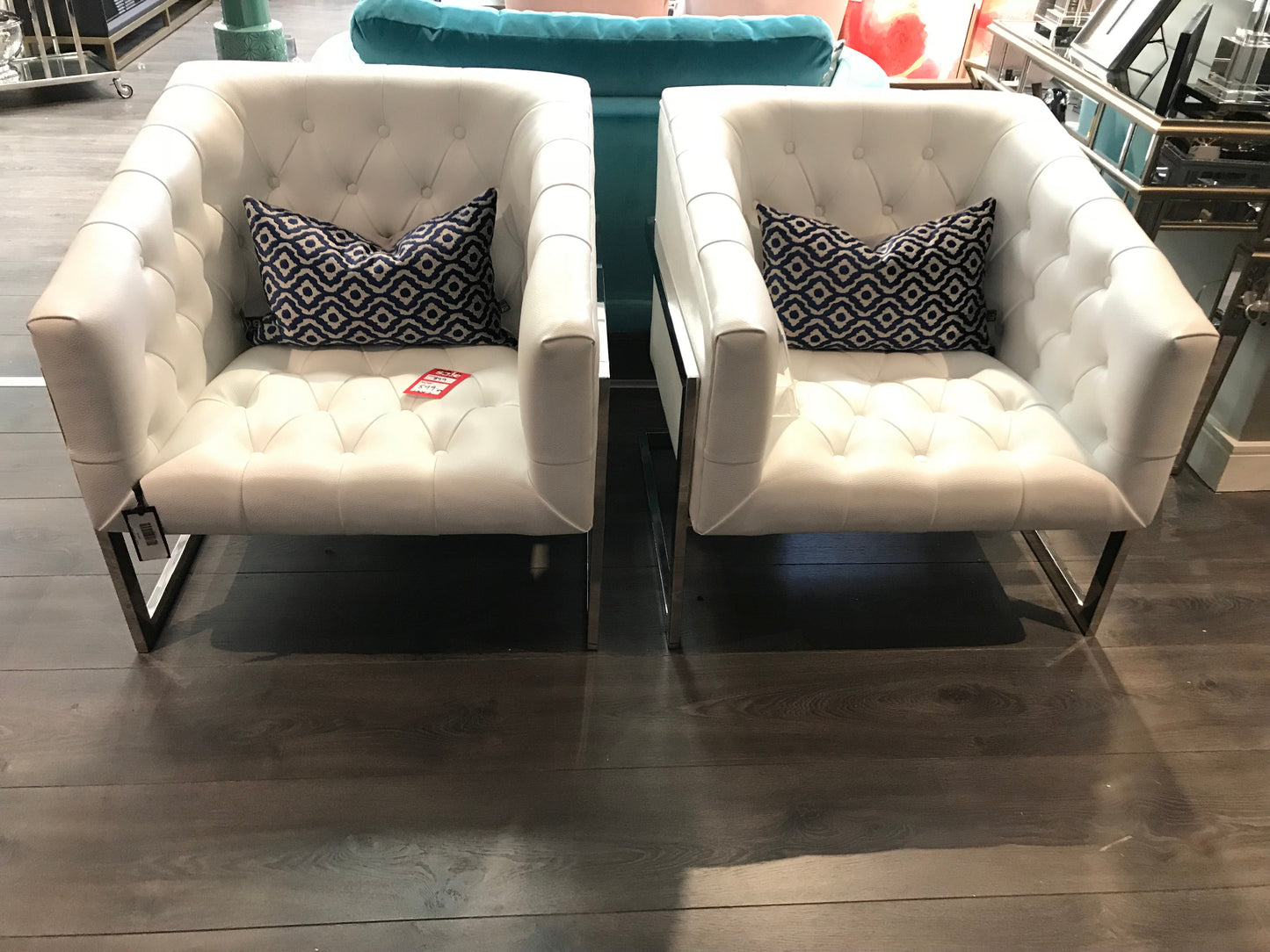 White Leather Buttoned Chairs with Chrome base Last 2