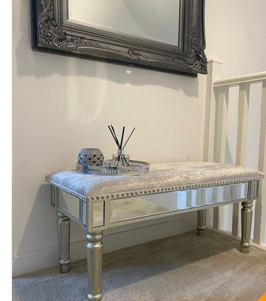 Upholstered  mirrored Bench with linen Instore purchase only