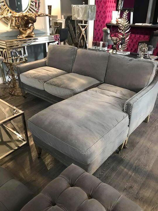 Patri  grey  velvet Corner L shape sofa with studs half price ex display