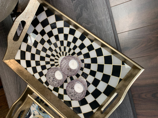 Rectangular Antique Gold Tray With Chequer Design - Large