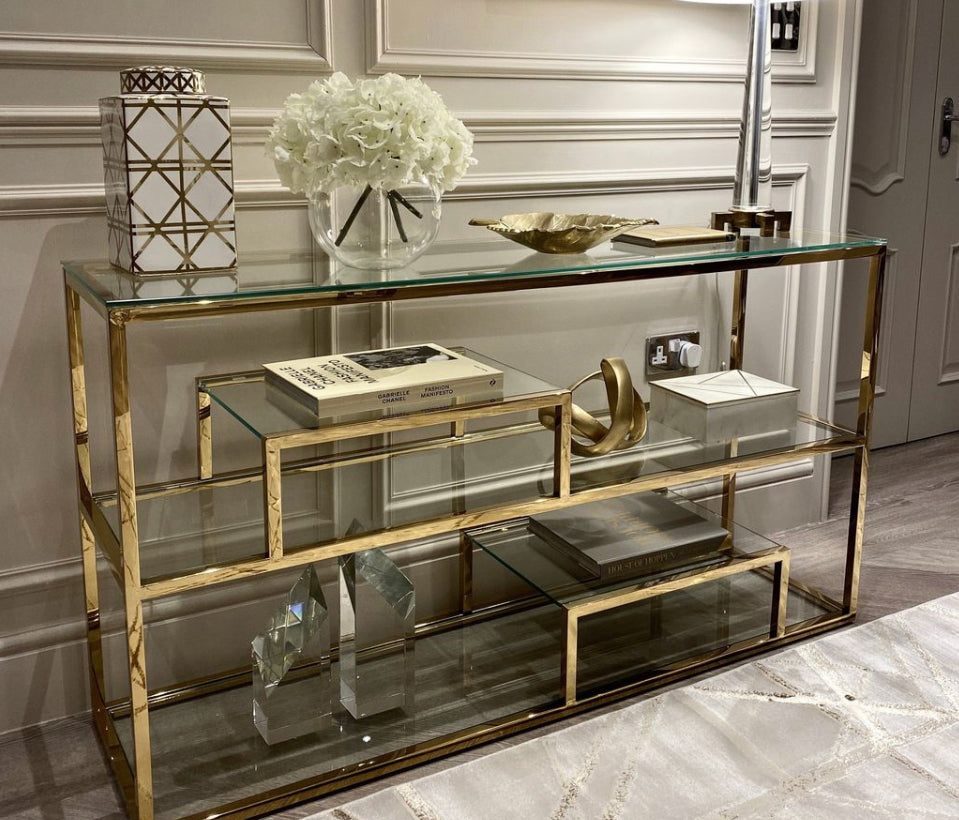 Harry chrome and glass console table with tiered shelf.