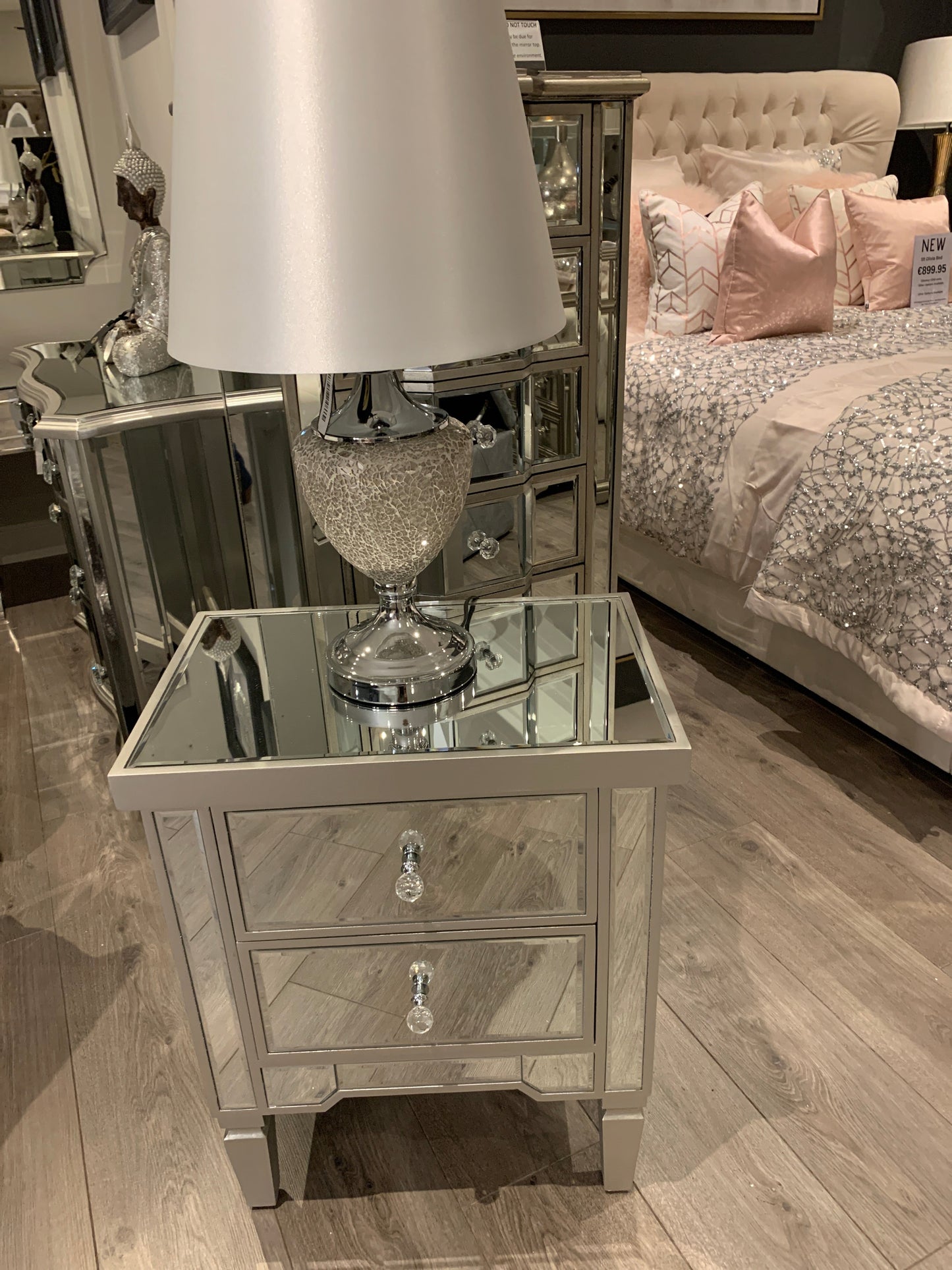 Vision 2 drawer mirrored Bedside Cabinet VALUE RANGE ! Champagne silver   trim