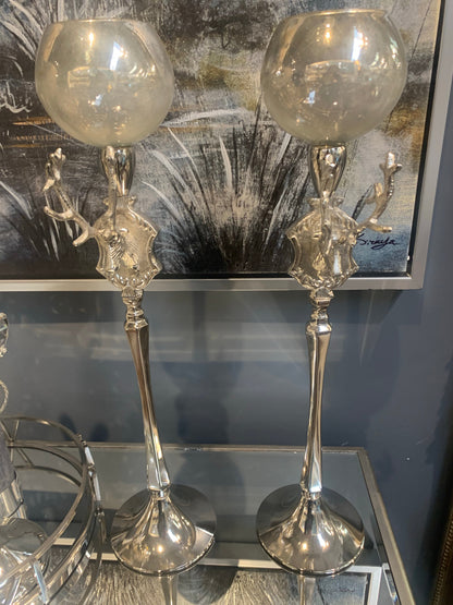 Set of 2  silver and sky tall stag tea light holder